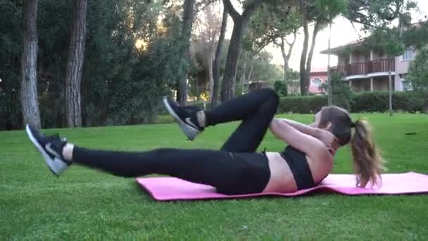 Girl Goes Sports Yoga Stretches Does Gymnastics Morning Exercises Girl — Wideo stockowe