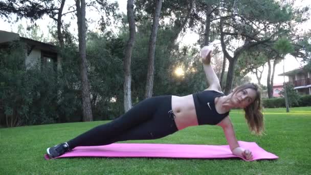 Girl Goes Sports Yoga Stretches Does Gymnastics Morning Exercises Girl — Wideo stockowe