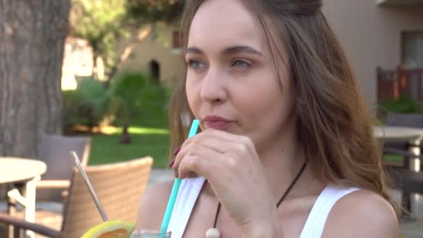 Beautiful Girl Drinks Rainbow Cocktail Resting Pool Walking Beach Turkey — Video