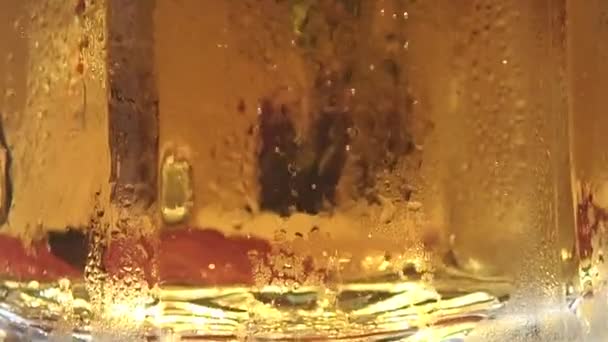 Macro Shot Cold Beer Glass Bubbles Rising Surface — Vídeo de Stock