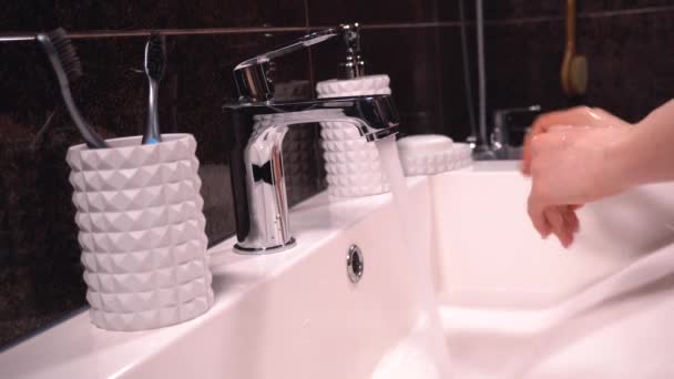 Girl Takes Soap Washes Her Hands Bathroom — Vídeos de Stock