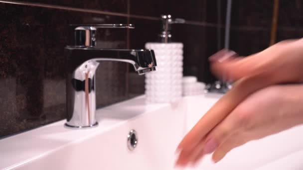 Girl Takes Soap Washes Her Hands Bathroom — Stok video