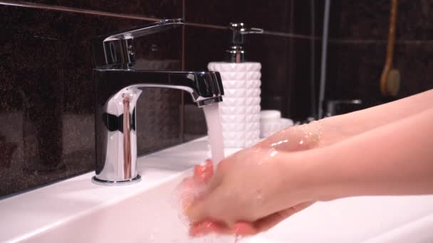 Girl Takes Soap Washes Her Hands Bathroom — Vídeos de Stock