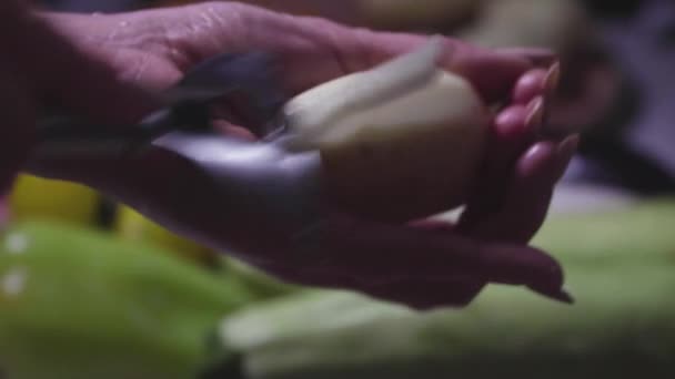 Women Hands Wash Peel Cut Vegetables Vegetable Stew — стоковое видео