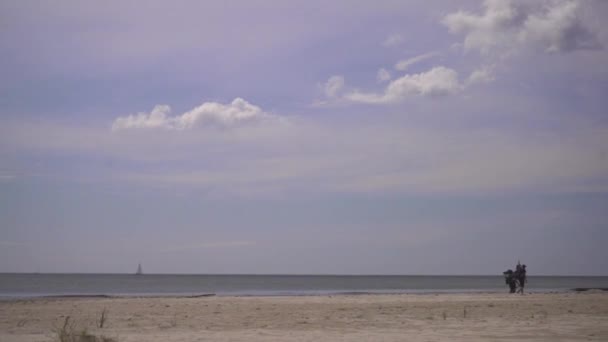 Hikers Big Backpacks Walking Empty Beach — Vídeo de Stock