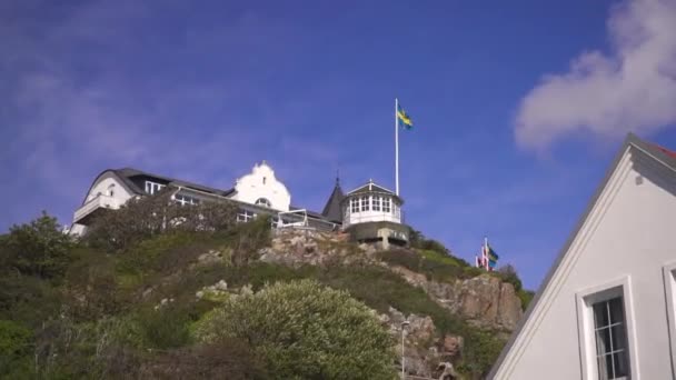 White Swedish Houses Flag Waving Wind — Video Stock