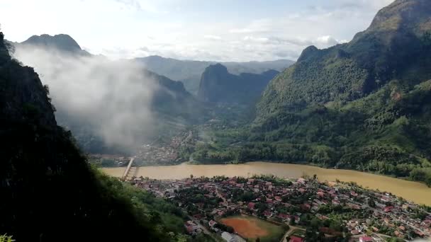Timelapse River Village Laos Morning Clouds Moving Way Sun Comes — 비디오