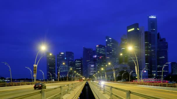 Singapore Skyline Taken Esplanade Drive Dawn Traffic Moves Esplanade Drive — Stock Video