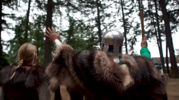 Viking Ceremony Which Participants Enthusiastically Raise Hands Gods — Vídeo de Stock
