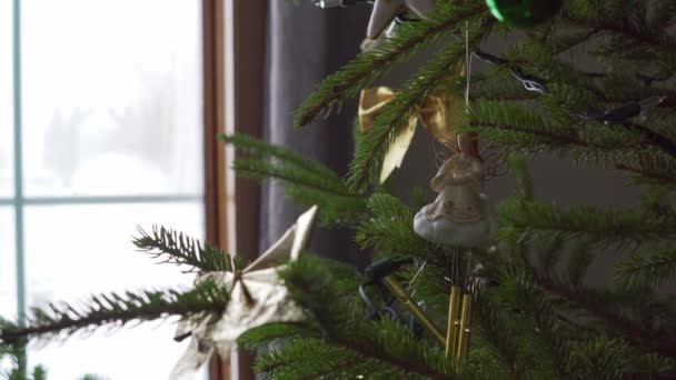 Indoor View Close Christmas Tree Window — Stockvideo
