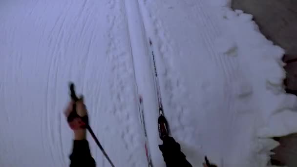 Eye View Cross Country Skier Practicing Indoor Snow Track — ストック動画