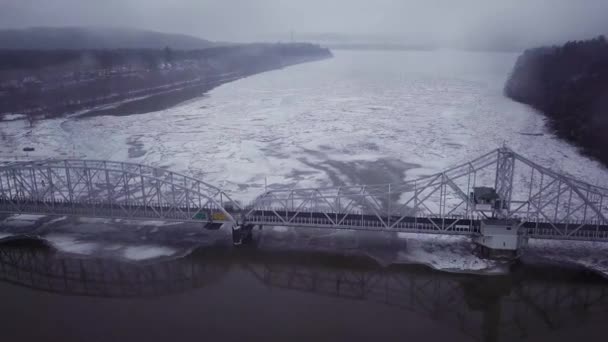 Drone Flying High Swing Bridge Big Ice Chunks Snowy River — Stock Video