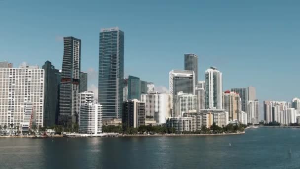 Rising Aerial View Brickell Downtown Miami Skyline Waterfront Drone — Stockvideo