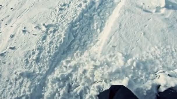 Vue Haut Snowboard Traversant Neige — Video