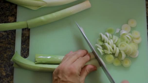 Woman Cuts Fresh Leeks Green Plastic Cutting Board — Vídeo de stock