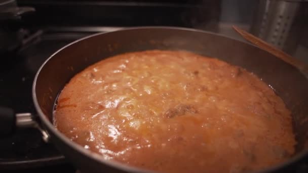 Cooking Creamy Vodka Spaghetti Sauce Boiling Hot Kitchen Pan — Stock video