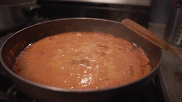 Boiling Tomato Sauce Being Cooked Stovetop Flame — Vídeo de stock