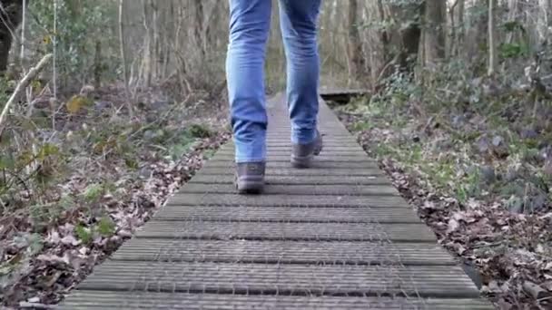 Unknown Man Walking Jeans Wooden Path Forest Slow Motion Footage — Stockvideo