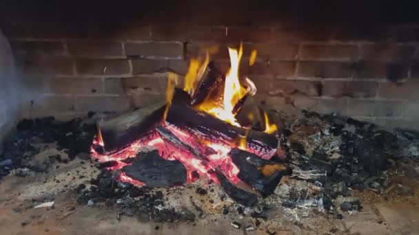Logs Burn Red Embers Glowing Flames Fireplace — Vídeos de Stock