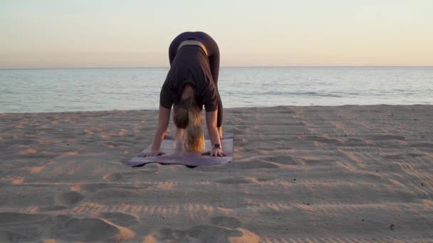 Female Doing Downward Dog Yoga Quiet Beach Sunset — стоковое видео