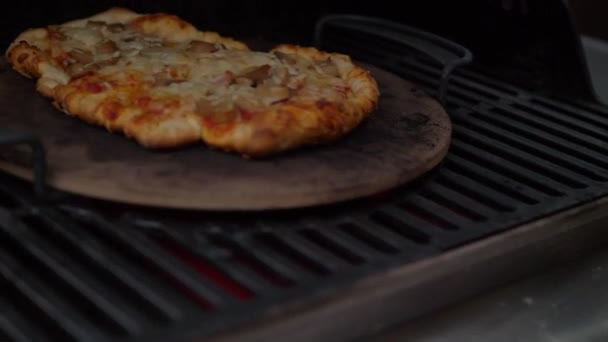 Putting Homemade Pizza Out Wood Fired Pizza Grill Oven Hot — Video Stock