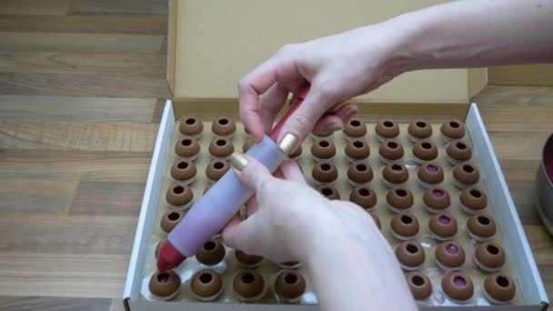 Female Confectioner Makes Delicious Homemade Chocolate Pralines Raspberry Filling Handmade — Vídeos de Stock