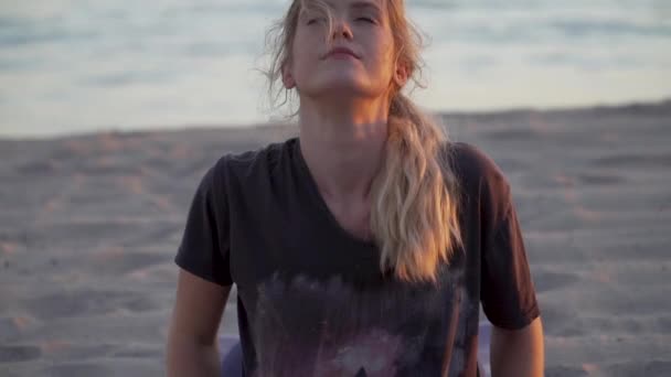 Female Doing Yoga Stretch Beach — Video