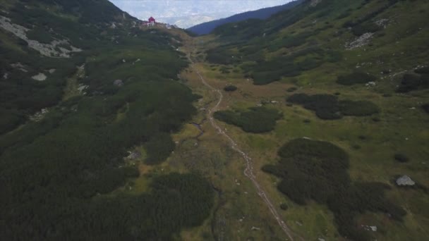 Aerial View Hiking Path Lush Green Area Hills Left Right — Wideo stockowe