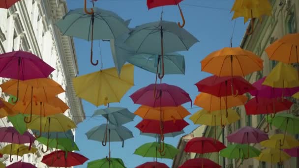 Road Covered Decorative Umbrelas Streets Timisoara Romania — Stock video