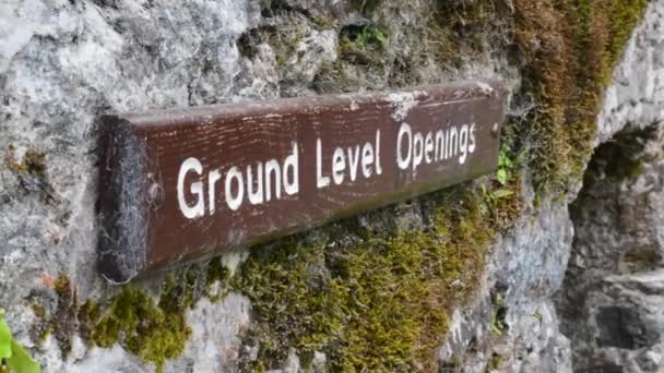 Brown Wooden Ground Level Openings Sign Mossy Rock Wall Close — Stok Video