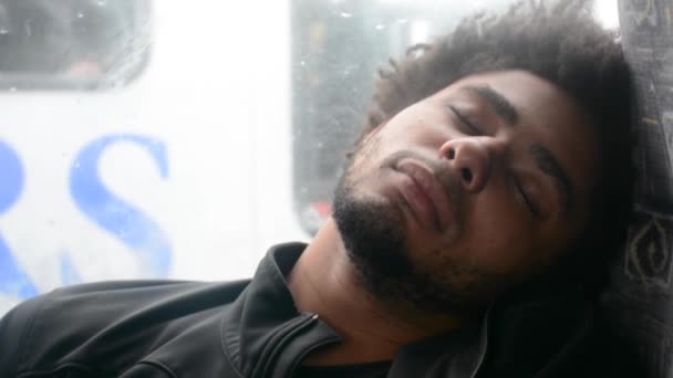 Young African American Black Man Sleeps Bus Chair Sitting Close — Stok video