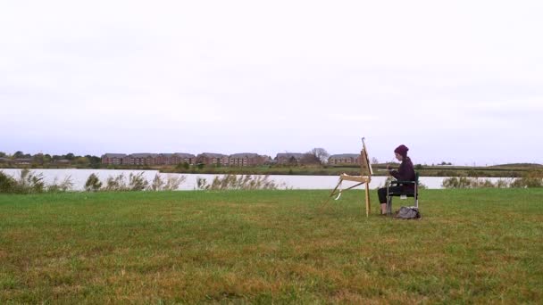 Young Woman Pints Painting Next Park Lake Cloudy Day Wide — Stok Video
