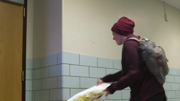 Female College Student Smashes Painting Wall Angrily — Video Stock