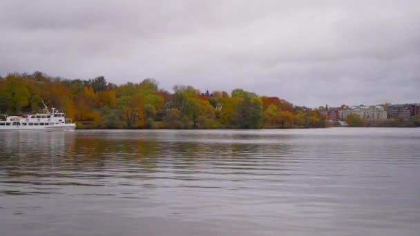 White Small Ferry Going One Island Another Stockholm Autumn Colorful — Stok video