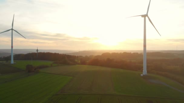 Drone Flight Green Fields Wind Turbines Sunrise — Stock video