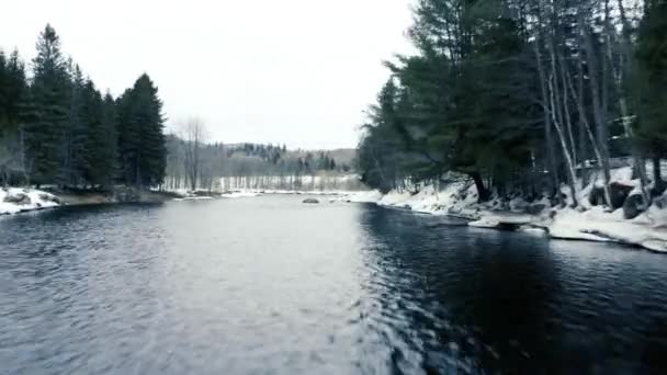 Winter Landscape Drone Flying Forwards River Fast — 图库视频影像