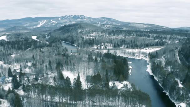 Winter Landscape Drone Flying Zoom Mountains Mont Tremblant — ストック動画