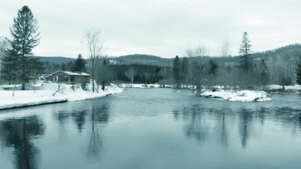 Winter Landscape Drone Flying Backwards River Reveal — Stock videók