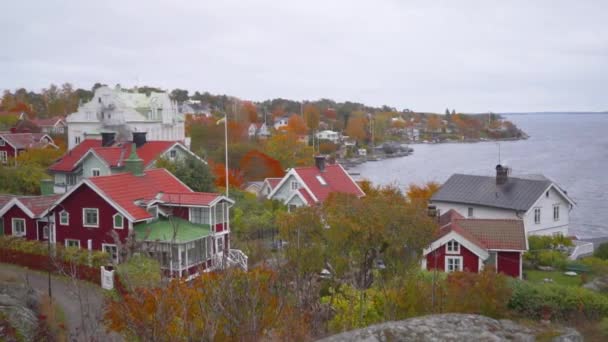 Traditional Swedish Houses Coastal Town Sweden Autumn Trees Colorful Weather — стокове відео