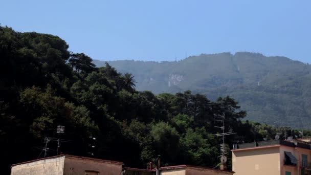 View Tops Buildings Trees Green Hills Background Low Angle Locked — Αρχείο Βίντεο