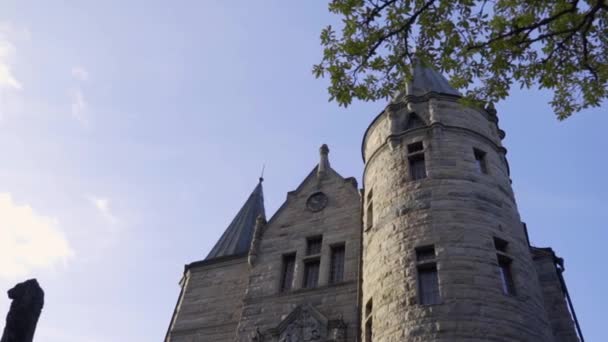 Big Castle Filmed Frog Perspective Nice Blue Sky Leaf Trees — Stock Video