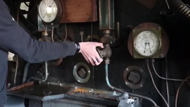 Person Turns Controls Next Dial Gauges Vintage Industrial Equipment Medium — Wideo stockowe