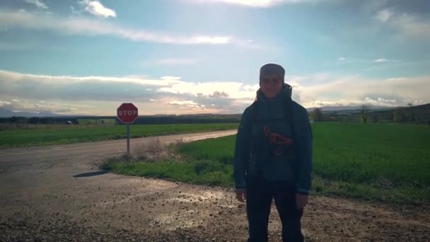Woman Outdoors Clothes Standing Next Rural Road You Can See — Vídeo de stock