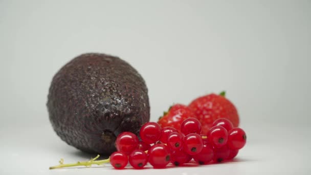 Beautiful Ripe Fruits Avocado Cherries Strawberries Perfect All Seasons Close — Vídeo de Stock