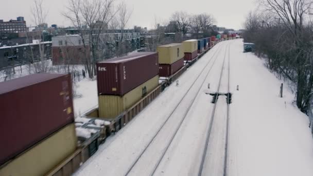 Winter City Train Pan Drone Sequence — Vídeo de stock