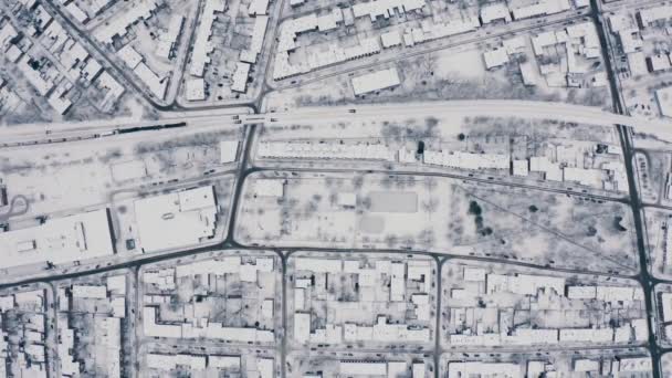Winter City Train Montreal Birds Eye View Drone Seq001 — Vídeos de Stock