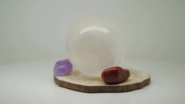 White Crystal Ball Top Wood Craft Two Gem Stones Both — Stockvideo