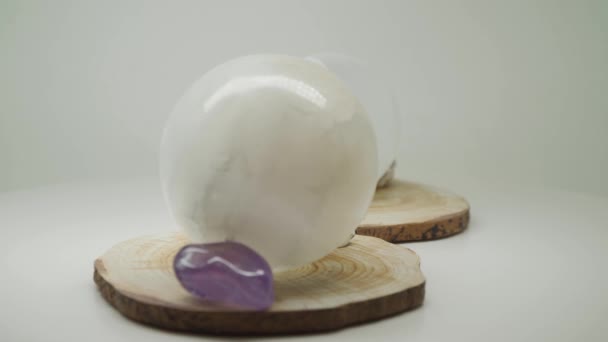 Precious White Crystal Balls Top Wood Sea Shells Gem Stones — Video Stock