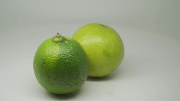 Two Ripe Green Citrus Fruits Lime Rotating Clockwise Turntable White — Vídeo de Stock