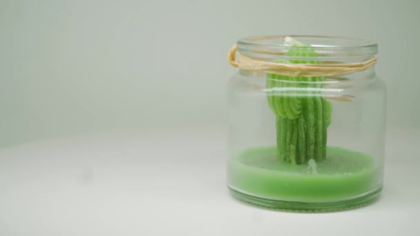 Lovely Display Handcrafted Green Vegetable Cactus Kept Glass Jar Turntable — Αρχείο Βίντεο